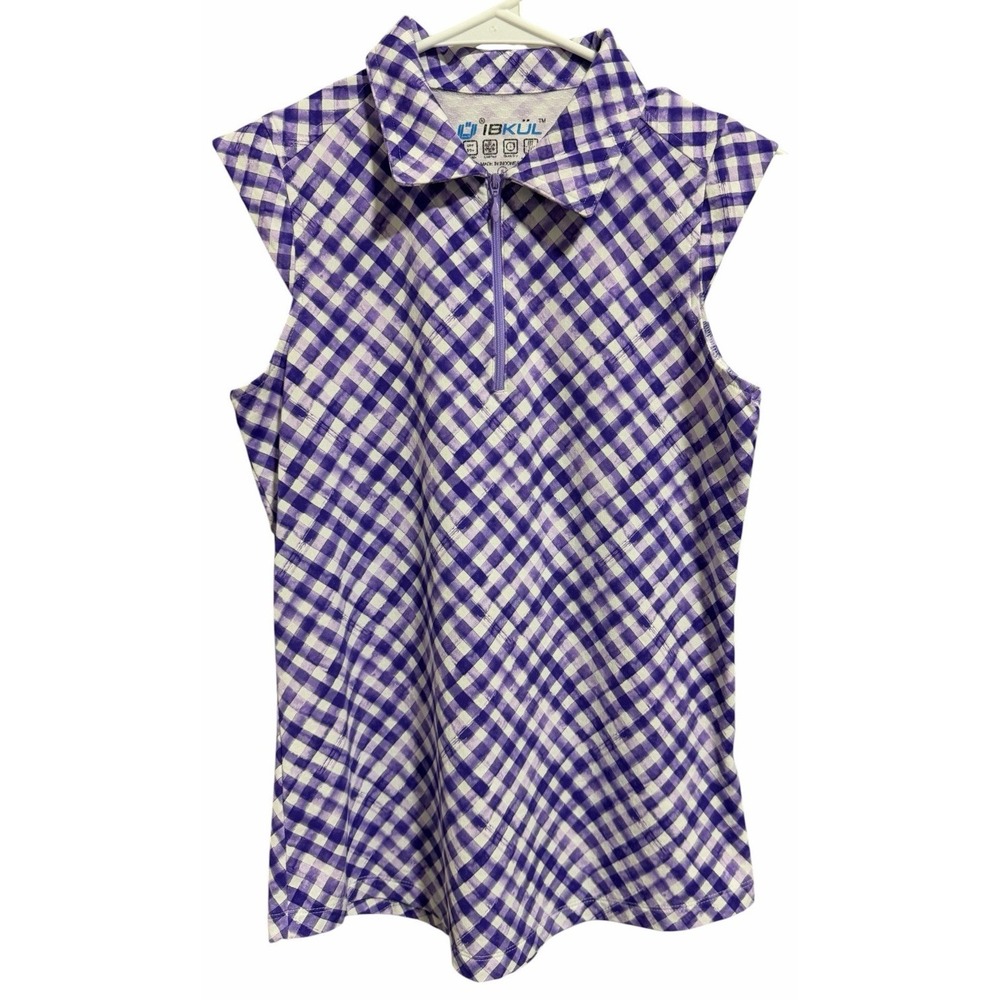 IBKUL GINGHAM SLEEVELESS POLO LAVENDER/WHITE GOLF TENNIS WOMEN'S SIZE SMALL